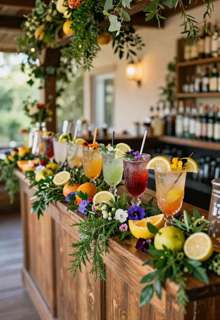 14 Bar Decorations Wedding Ideas That Look Stylish - 10. Seasonal Fruit and Floral Garnishes 1