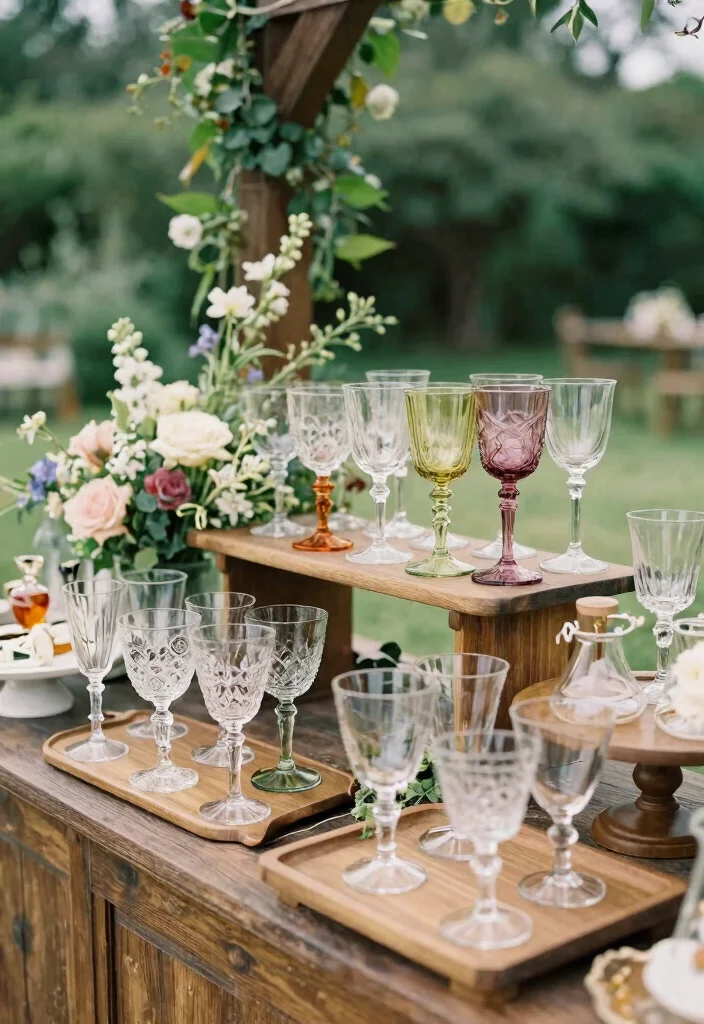 14 Bar Decorations Wedding Ideas That Look Stylish - 3. Vintage Glassware Display 1