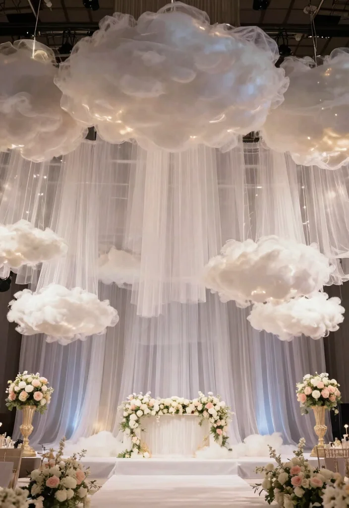 14 Wedding Fabric Backdrop Ideas With Soft Draping Style - 10. Floating Tulle Clouds 1