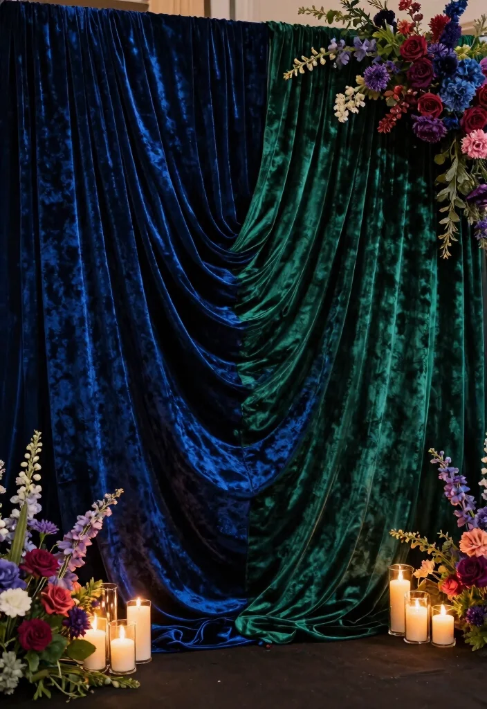 14 Wedding Fabric Backdrop Ideas With Soft Draping Style - 11. Draped Velvet Luxury 1