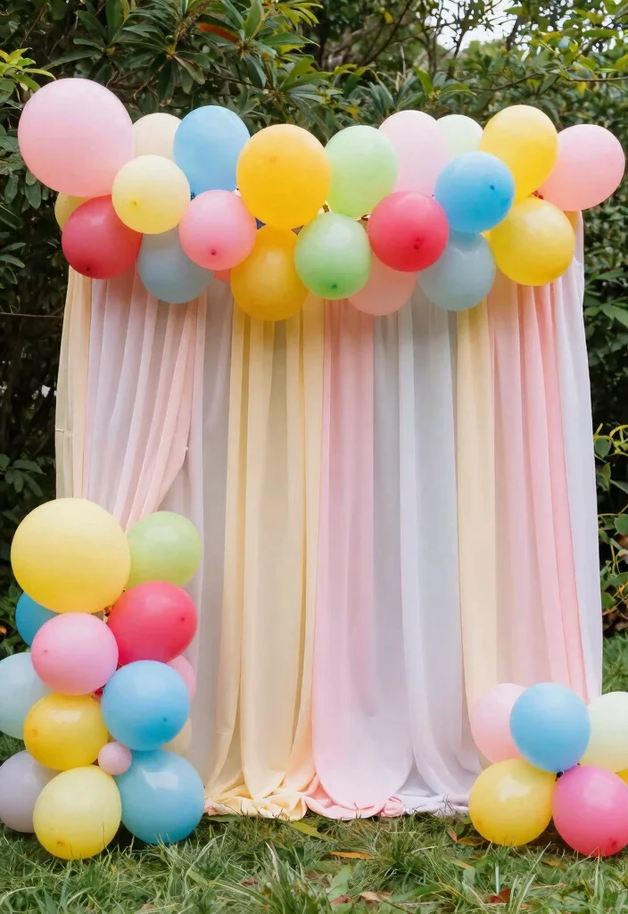 14 Wedding Fabric Backdrop Ideas With Soft Draping Style - 12. Whimsical Balloon Curtain 1