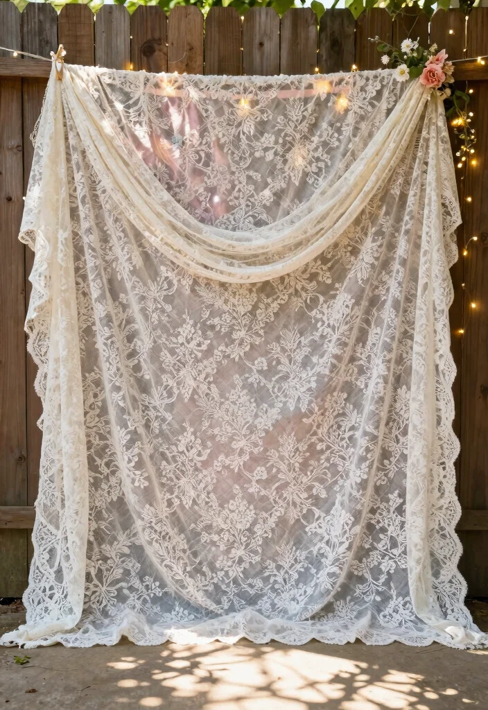14 Wedding Fabric Backdrop Ideas With Soft Draping Style - 2. Vintage Lace Overlays 1