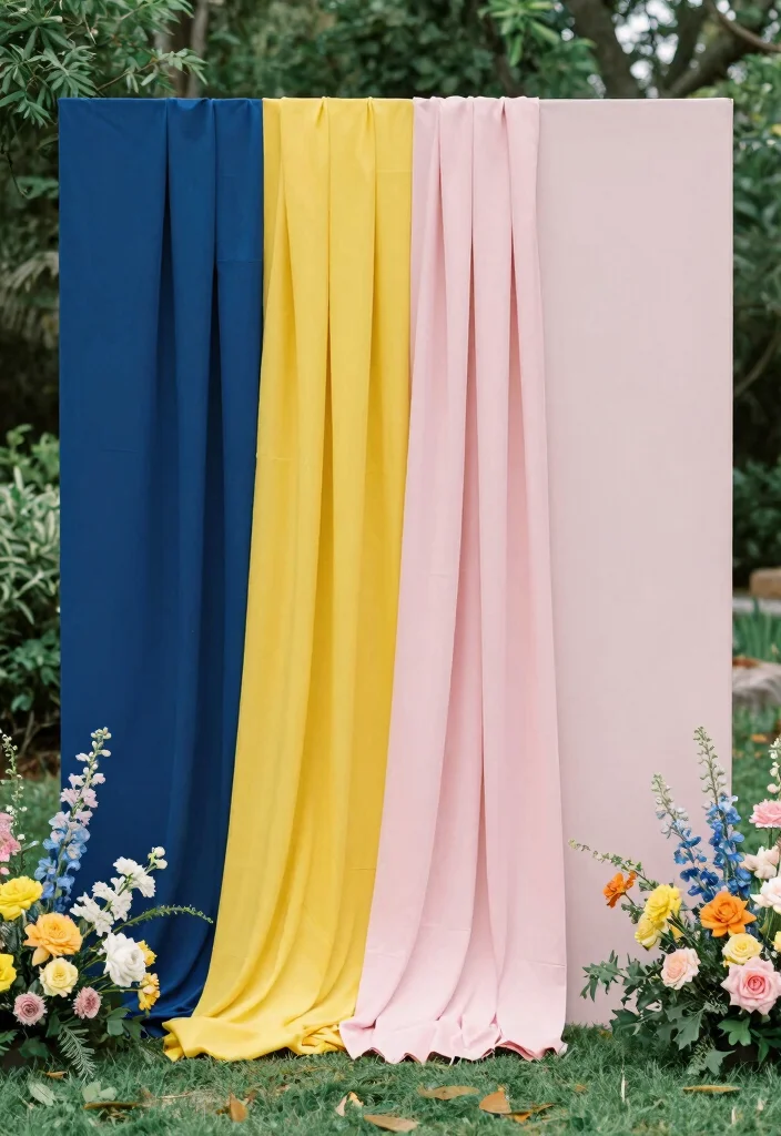 14 Wedding Fabric Backdrop Ideas With Soft Draping Style - 3. Bold Color Blocks 1
