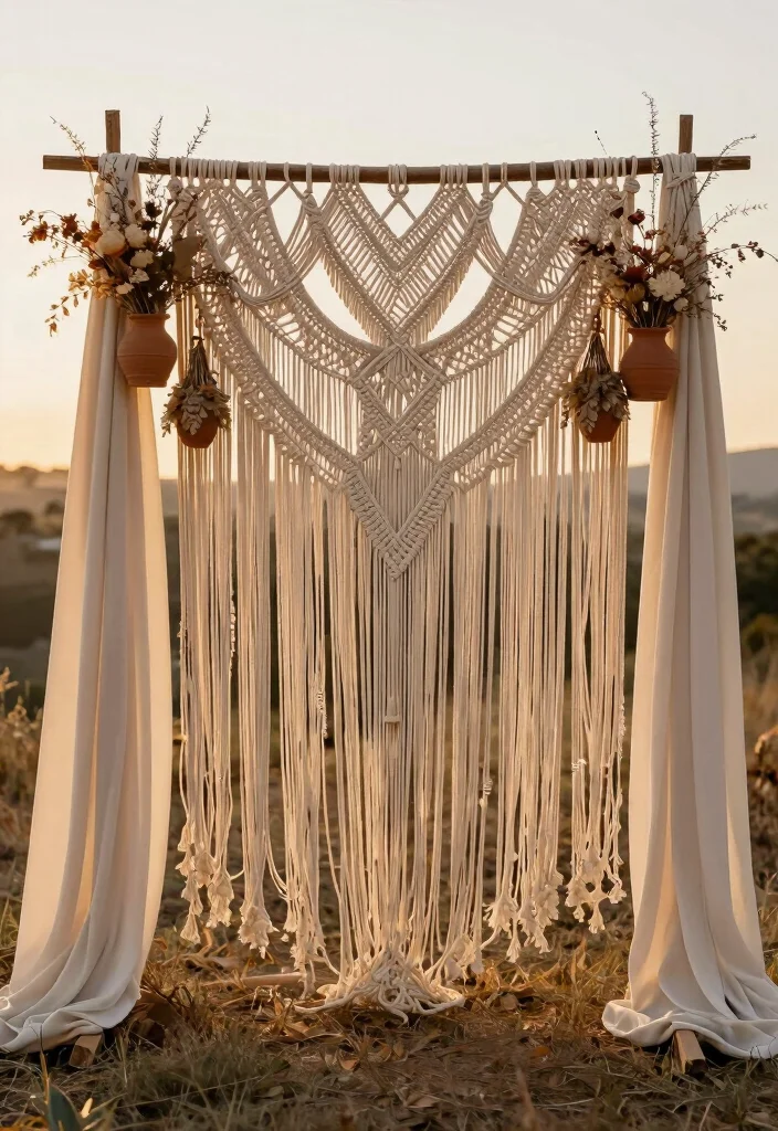 14 Wedding Fabric Backdrop Ideas With Soft Draping Style - 4. Textured Boho Macramé 1
