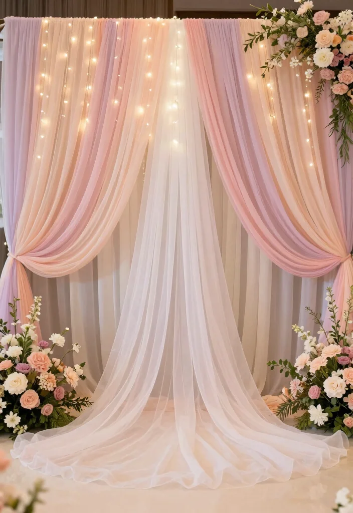 14 Wedding Fabric Backdrop Ideas With Soft Draping Style - 5. Flowing Organza Layers 1