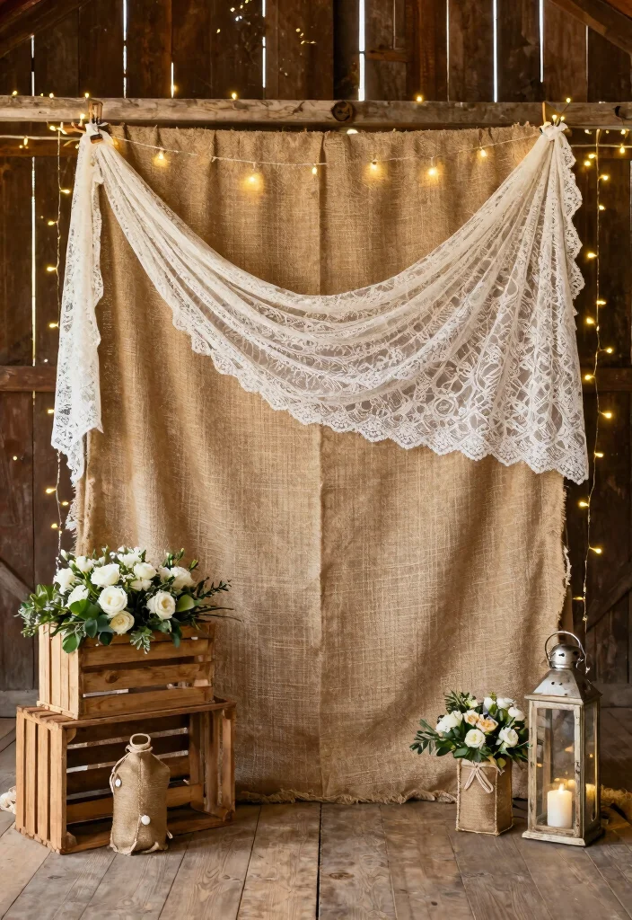 14 Wedding Fabric Backdrop Ideas With Soft Draping Style - 6. Rustic Burlap and Lace 1