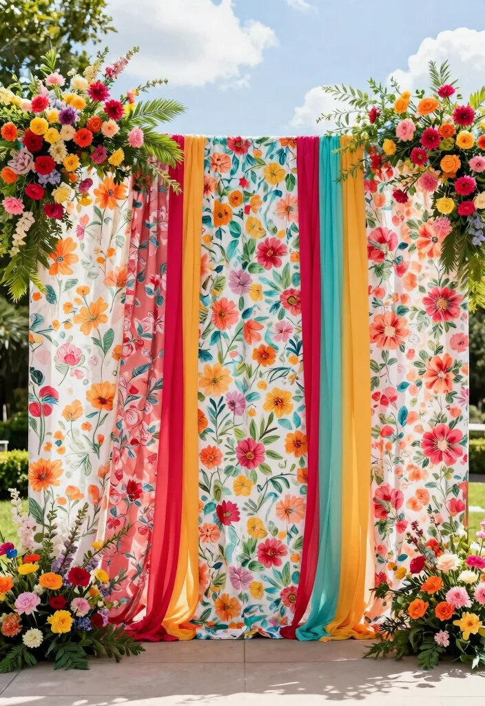 14 Wedding Fabric Backdrop Ideas With Soft Draping Style - 7. Floral Fabric Panels 1