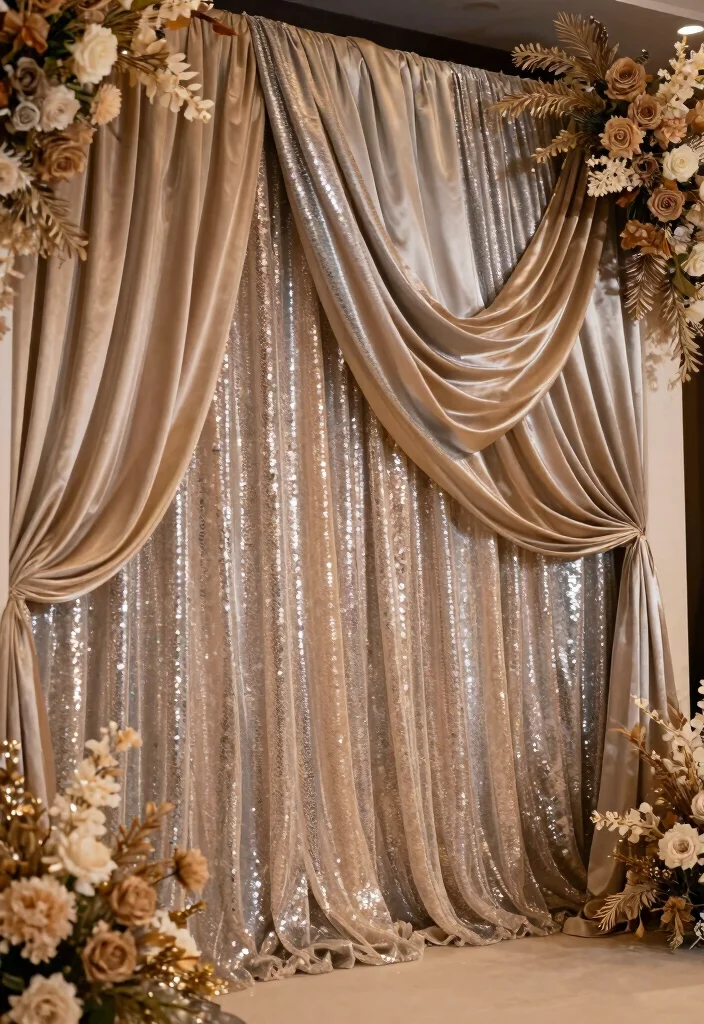 14 Wedding Fabric Backdrop Ideas With Soft Draping Style - 8. Metallic Shimmering Fabrics 1