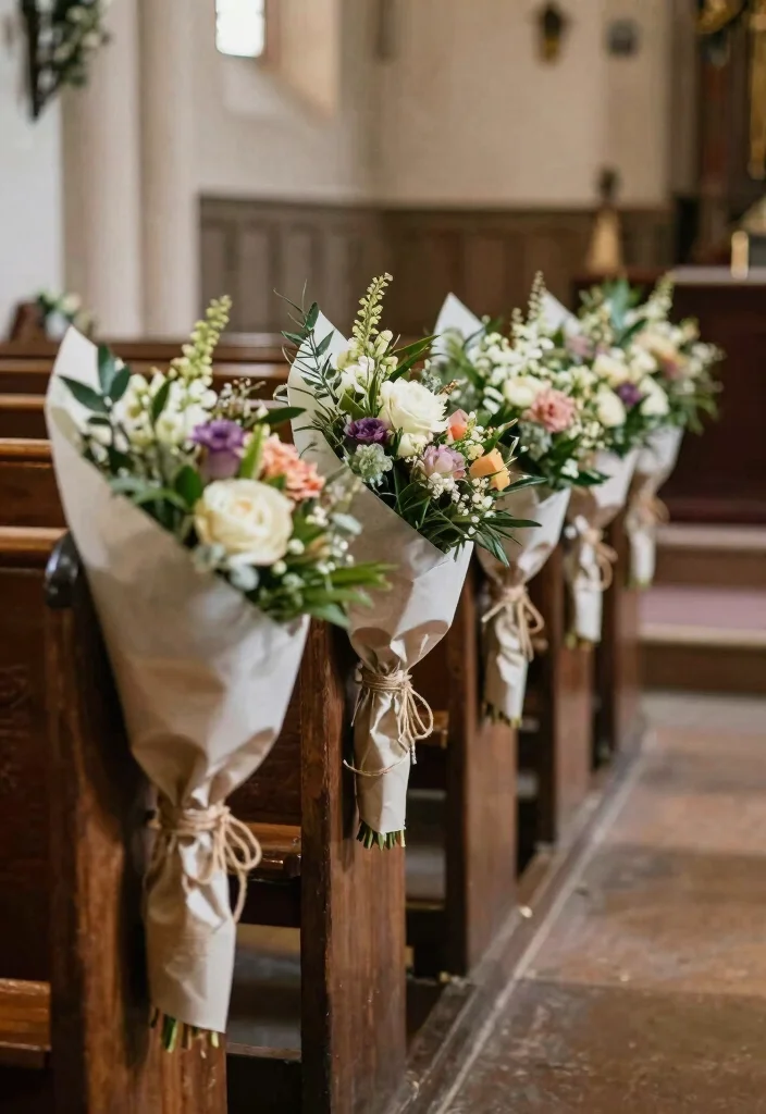 14 Wedding Pew Decorations Church Ideas With Soft Elegance - 11. Elegantly Wrapped Bouquets 1