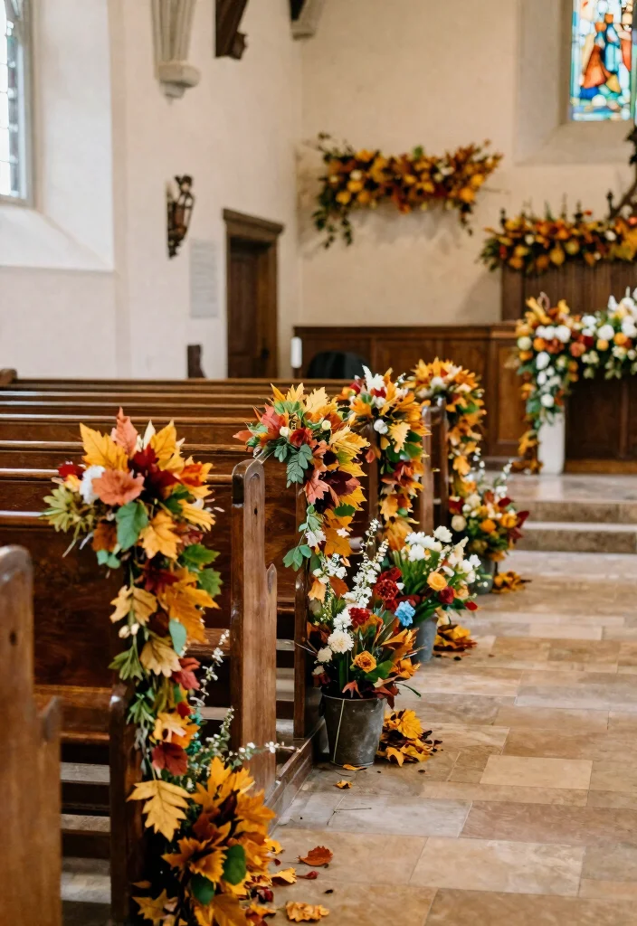 14 Wedding Pew Decorations Church Ideas With Soft Elegance - 14. Seasonal Accents 1