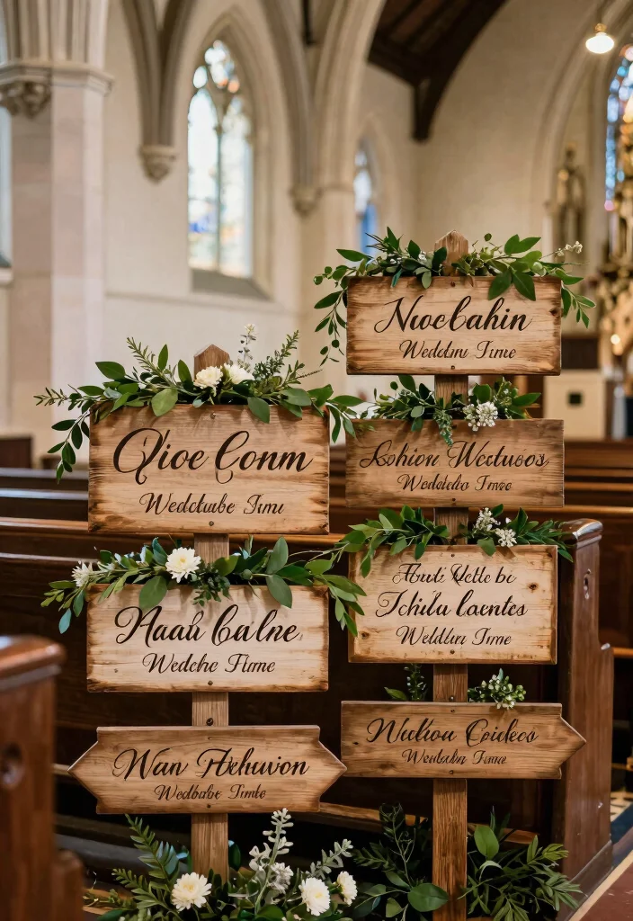 14 Wedding Pew Decorations Church Ideas With Soft Elegance - 4. Rustic Wooden Signs 1