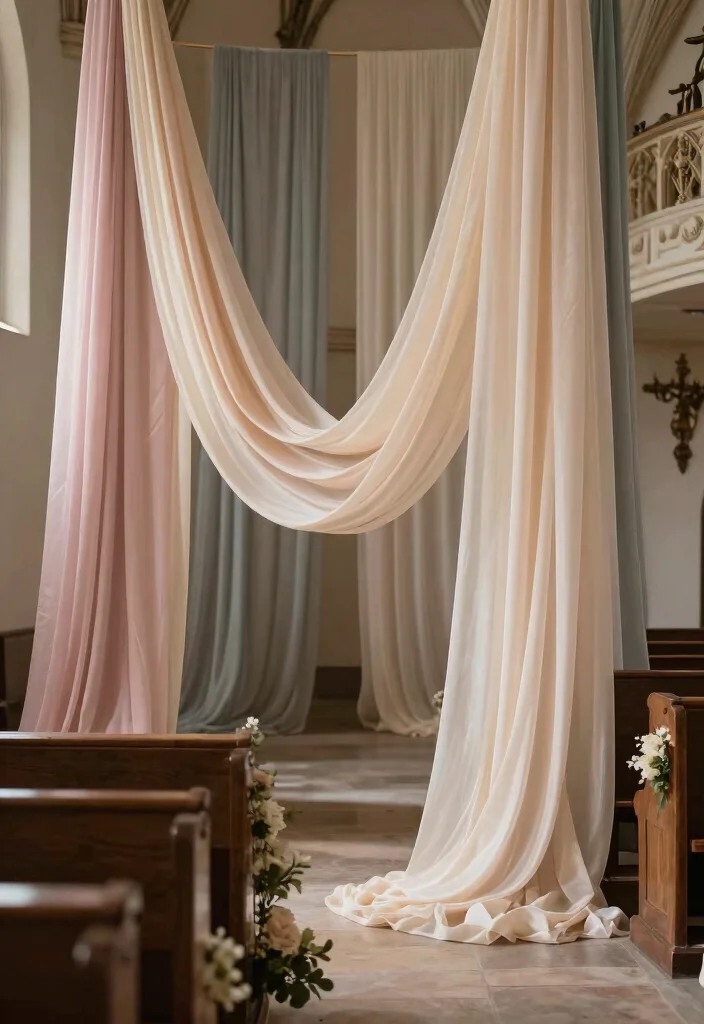 14 Wedding Pew Decorations Church Ideas With Soft Elegance - 7. Elegant Drapery 1