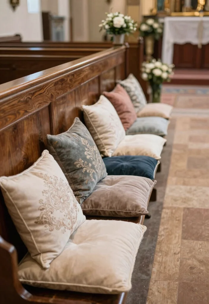 14 Wedding Pew Decorations Church Ideas With Soft Elegance - 9. Soft Cushions for Comfort 1