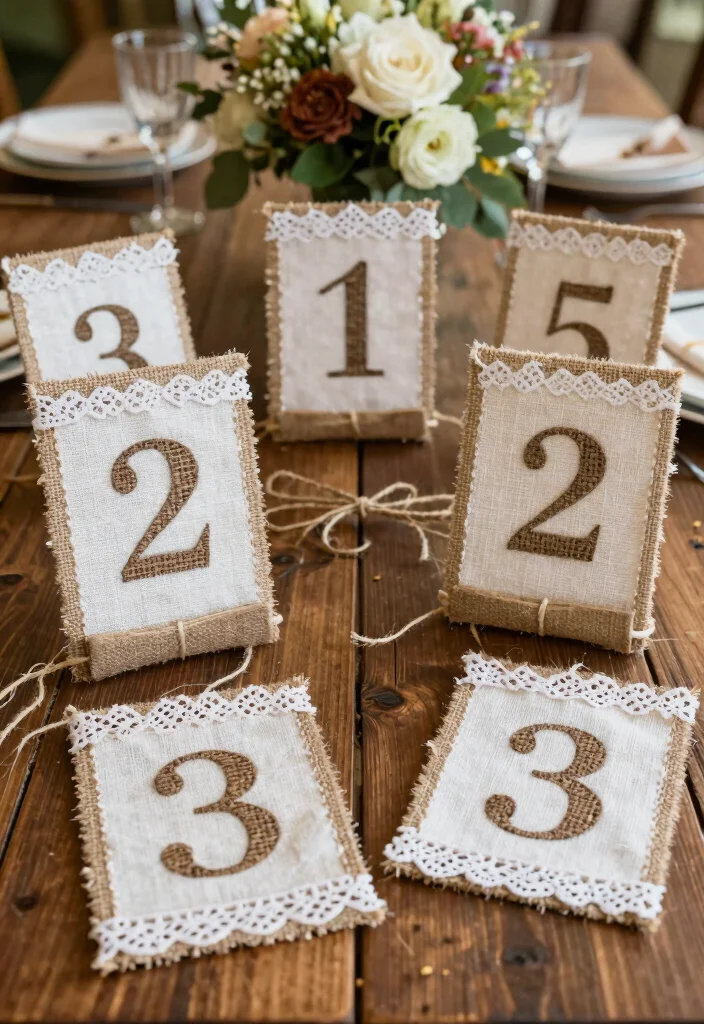 14 Wedding Table Number Ideas That Stand Out Beautifully 49 14 Wedding Table Number Ideas That Stand Out Beautifully - 9. Rustic Fabric Table Numbers 1