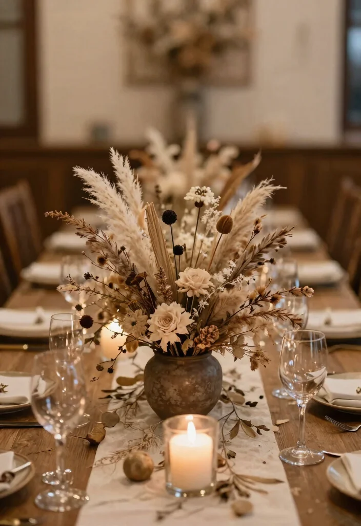14 Winter Wedding Table Decorations Ideas With Cozy Elegance - 13. Dried Floral Arrangements 1