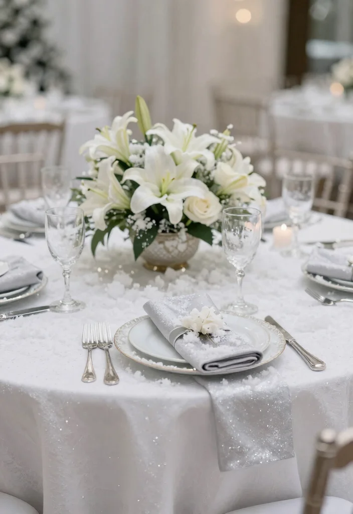 14 Winter Wedding Table Decorations Ideas With Cozy Elegance - 3. Snowy White Accents 1