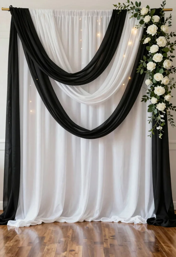 15 Black and White Wedding Backdrop Ideas With Timeless Elegance - 1. Chic Monochrome Fabric Draping 1
