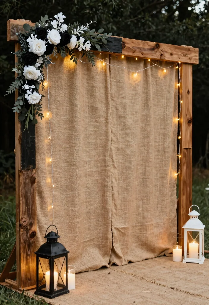 15 Black and White Wedding Backdrop Ideas With Timeless Elegance - 11. Rustic Charm with Wooden Accents 1