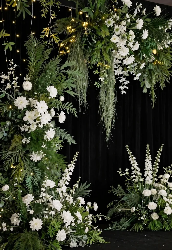 15 Black and White Wedding Backdrop Ideas With Timeless Elegance - 6. Lush Greenery and Monochrome 1