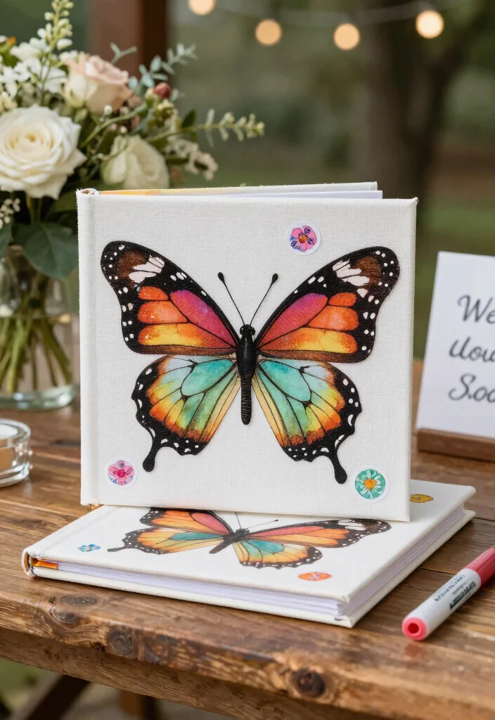 15 Butterfly Wedding Decorations Ideas With Whimsical Beauty - 11. Butterfly-Embellished Guestbook 1