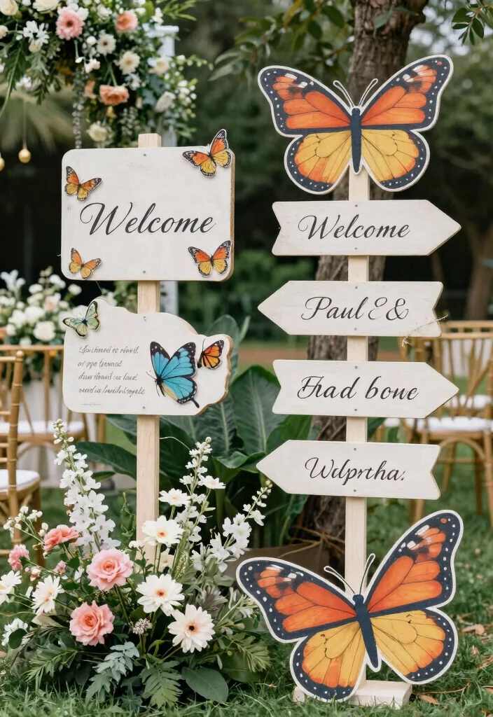 15 Butterfly Wedding Decorations Ideas With Whimsical Beauty - 15. Butterfly-Inspired Wedding Signage 1