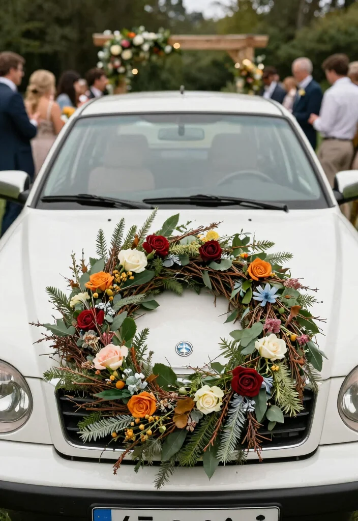 15 Car Decorations for Wedding Indian Ideas That Look Festive - 11. Nature-Inspired Wreaths 1