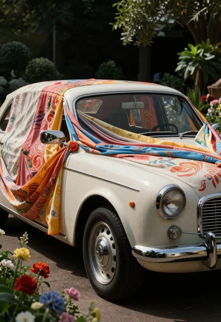 15 Car Decorations for Wedding Indian Ideas That Look Festive - 3. Eco-Friendly Fabric Drapes 1
