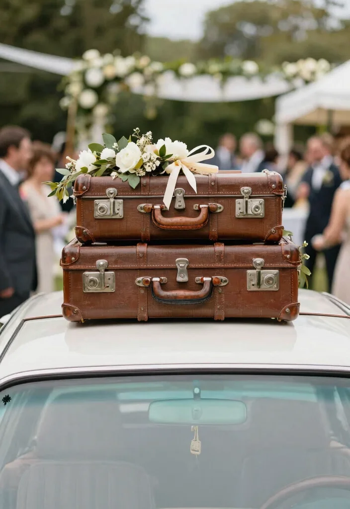 15 Car Decorations for Wedding Indian Ideas That Look Festive - 7. Vintage Suitcase Decor 1