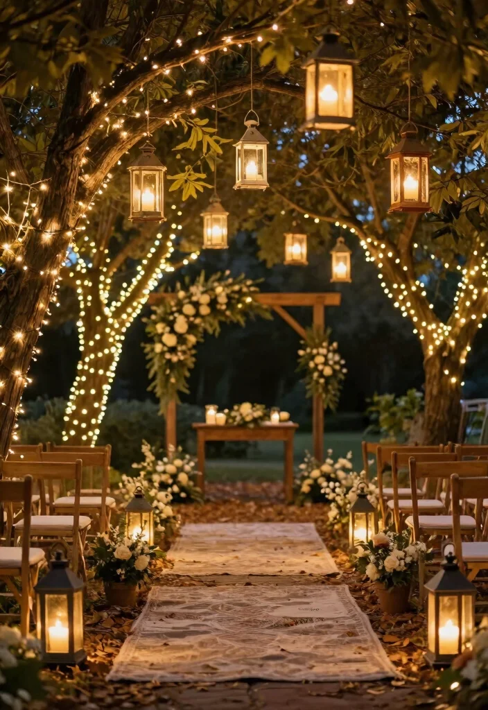 15 Fall Wedding Aisle Decorations Outdoor Ideas With Cozy Vibes - 1. Rustic Lanterns and Fairy Lights 1