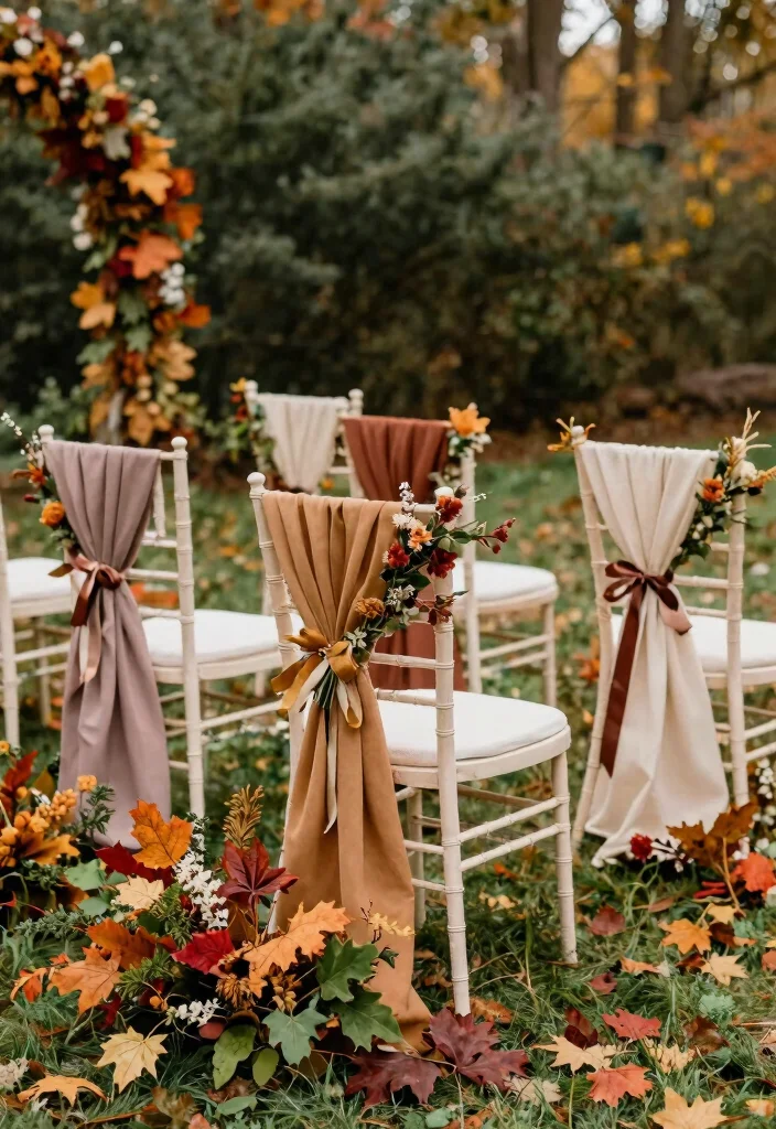 15 Fall Wedding Aisle Decorations Outdoor Ideas With Cozy Vibes - 12. Autumn-Themed Chair Decor 1