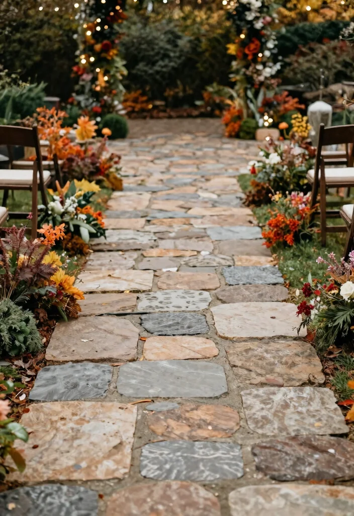 15 Fall Wedding Aisle Decorations Outdoor Ideas With Cozy Vibes - 13. Natural Stone Pathway 1