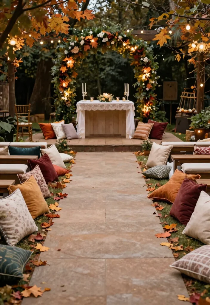 15 Fall Wedding Aisle Decorations Outdoor Ideas With Cozy Vibes - 14. Cozy Seating with Pillows 1