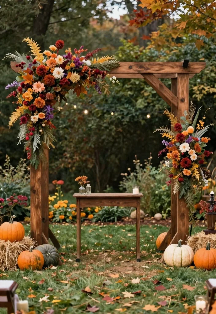 15 Fall Wedding Aisle Decorations Outdoor Ideas With Cozy Vibes - 15. Autumnal Themed Altar Decor 1