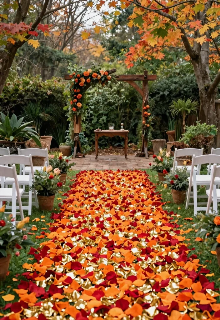 15 Fall Wedding Aisle Decorations Outdoor Ideas With Cozy Vibes - 2. Flower Petal Pathway 1