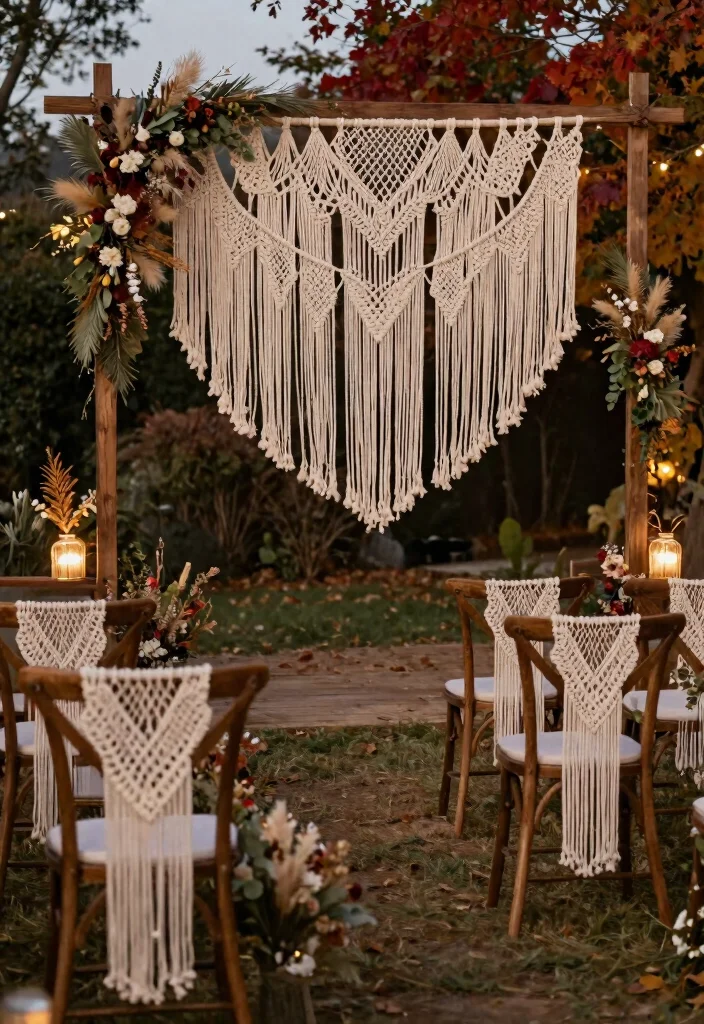 15 Fall Wedding Aisle Decorations Outdoor Ideas With Cozy Vibes - 3. Bohemian Macramé Hangings 1