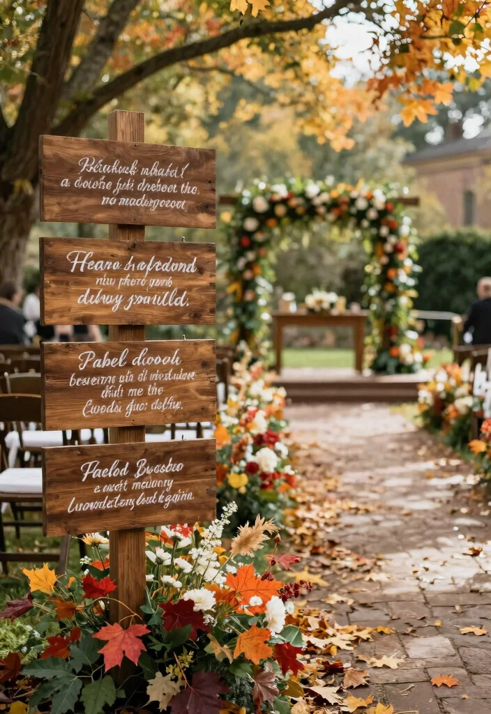 15 Fall Wedding Aisle Decorations Outdoor Ideas With Cozy Vibes - 4. Wooden Signage with Personal Touch 1