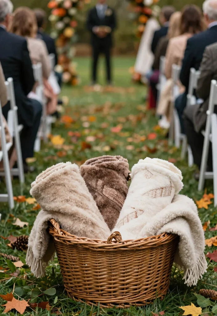 15 Fall Wedding Aisle Decorations Outdoor Ideas With Cozy Vibes - 5. Cozy Blankets for Guests 1