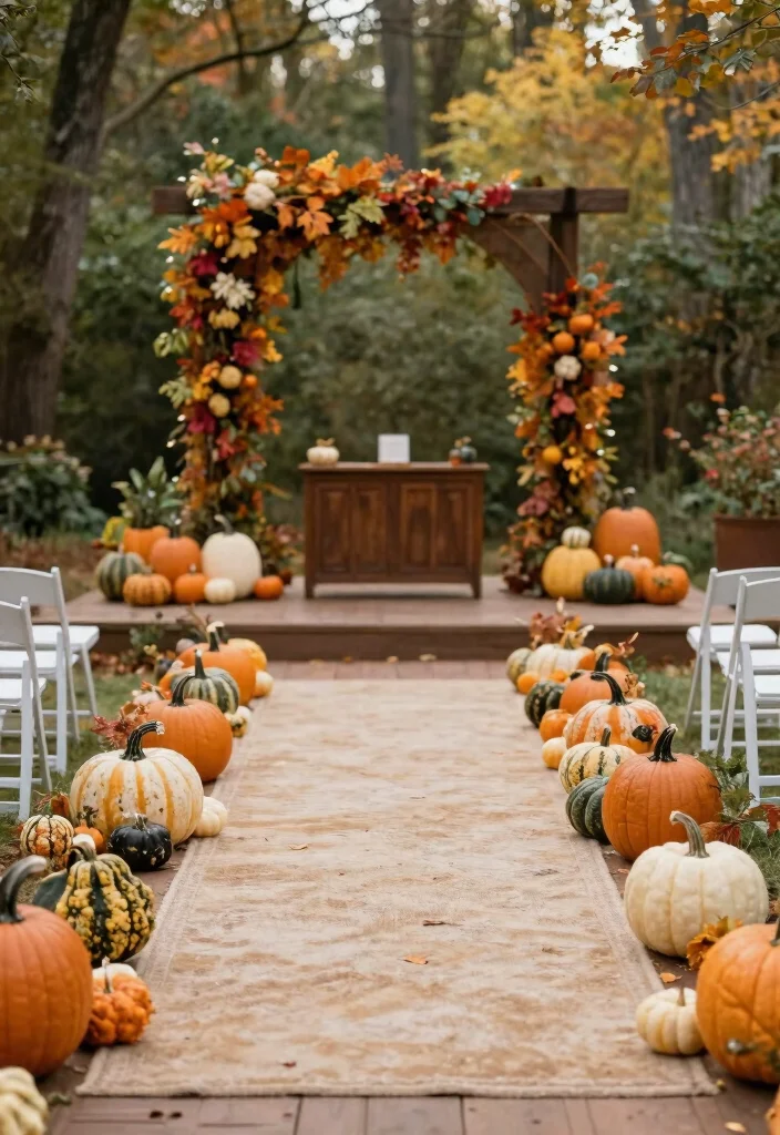 15 Fall Wedding Aisle Decorations Outdoor Ideas With Cozy Vibes - 9. Pumpkins and Gourds Accents 1