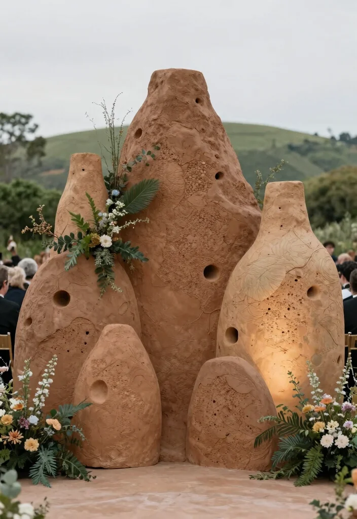 15 Stage Backdrop Wedding Ideas That Make a Statement - 13. Earthy Clay Installation 1