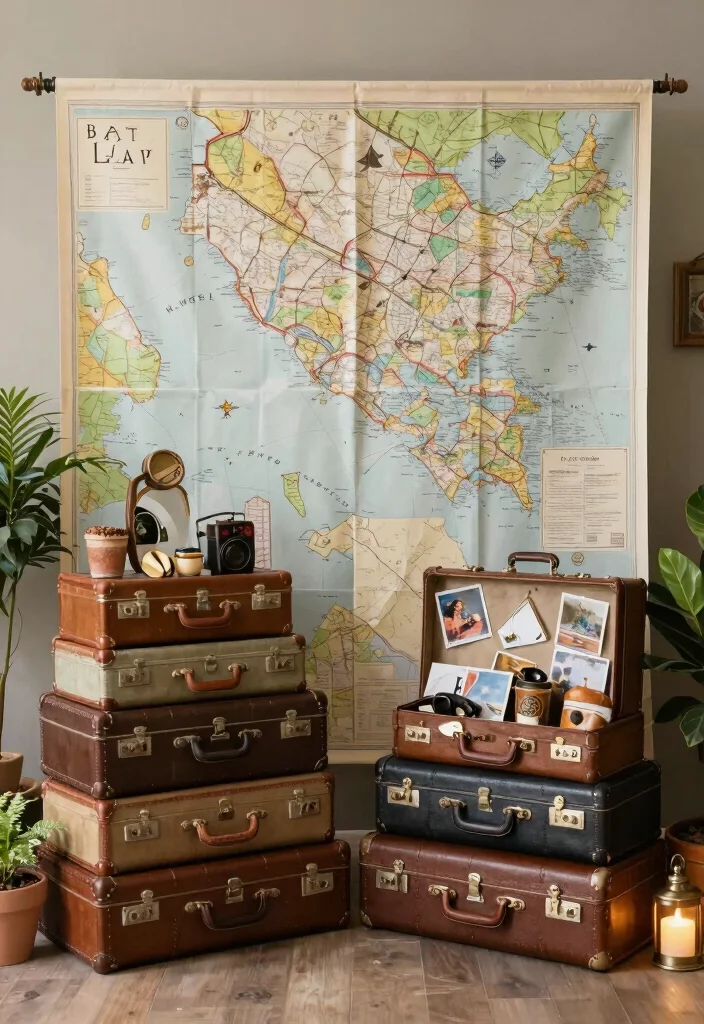 15 Stage Backdrop Wedding Ideas That Make a Statement - 14. Vintage Suitcases and Travel Decor 1