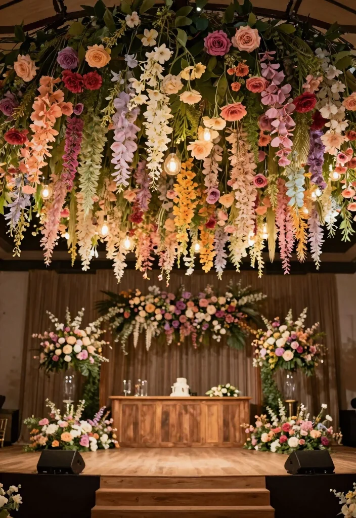 15 Stage Backdrop Wedding Ideas That Make a Statement - 15. Hanging Floral Installation 1