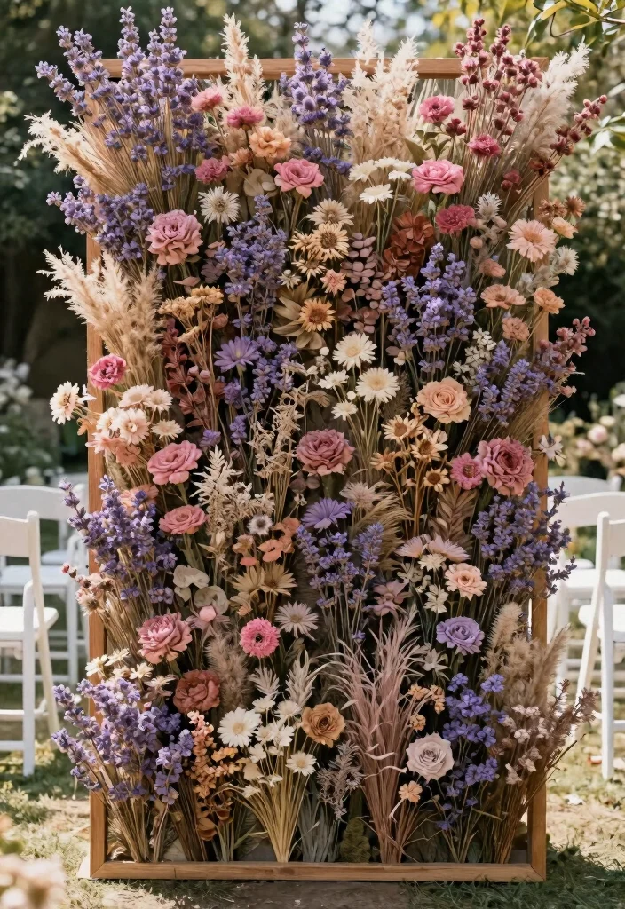 15 Stage Backdrop Wedding Ideas That Make a Statement - 2. Floral Wall with Dried Flowers 1