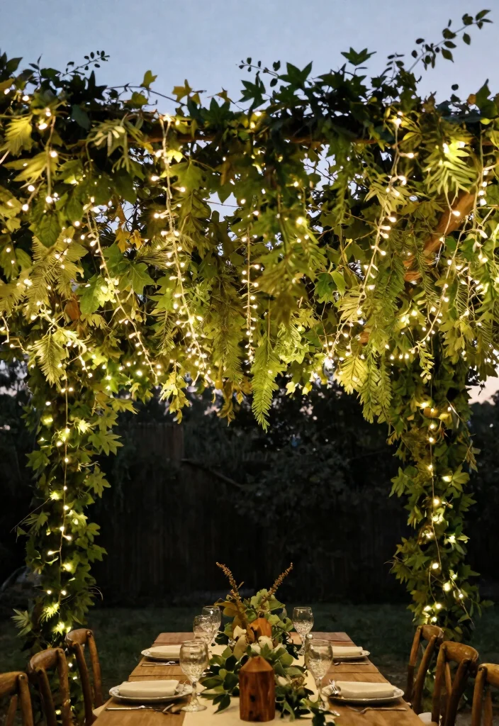 15 Stage Backdrop Wedding Ideas That Make a Statement - 3. Greenery and Fairy Light Canopy 1