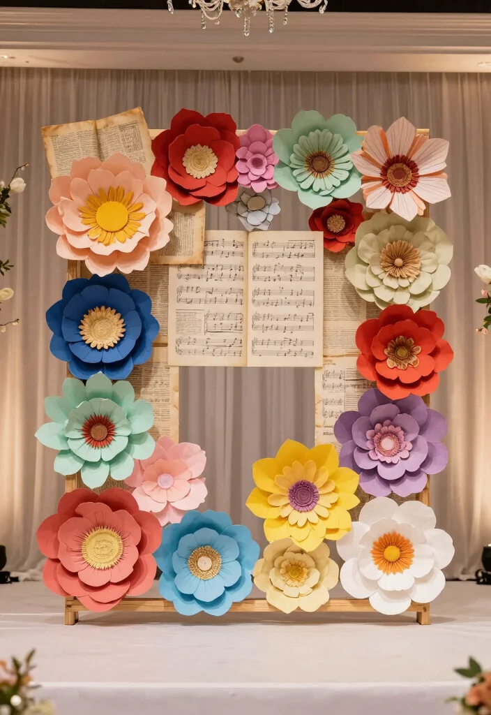 15 Stage Backdrop Wedding Ideas That Make a Statement - 5. Recycled Paper Flowers 1