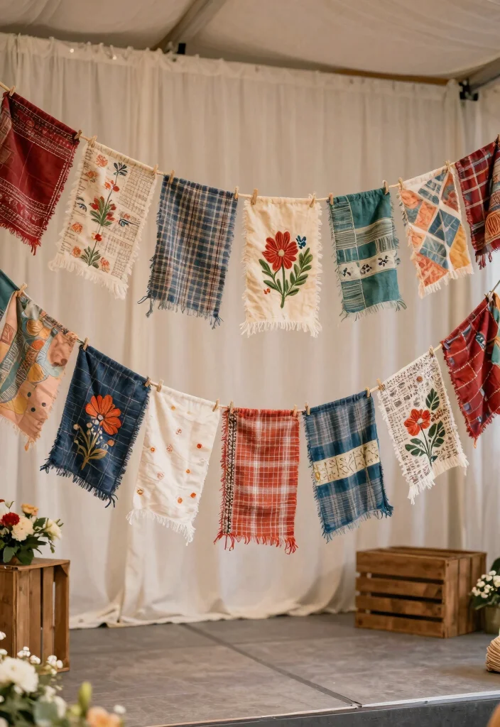 15 Stage Backdrop Wedding Ideas That Make a Statement - 8. Upcycled Fabric Banners 1