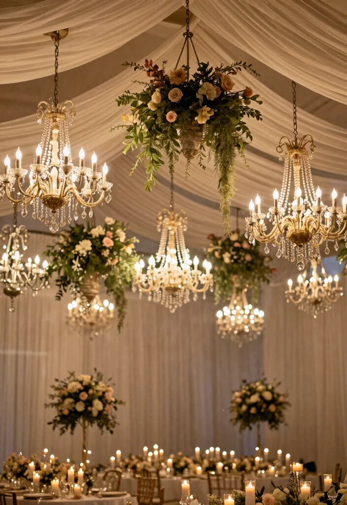 15 Wedding Hanging Decorations Ideas That Add Drama - 5. Dramatic Chandelier Installations 1