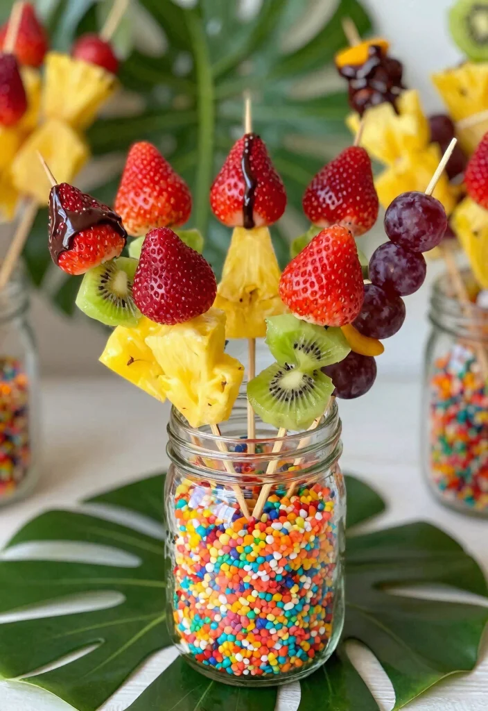 15 Wedding Treat Table Ideas That Look Deliciously Cute - 2. Whimsical Fruit Skewers 1