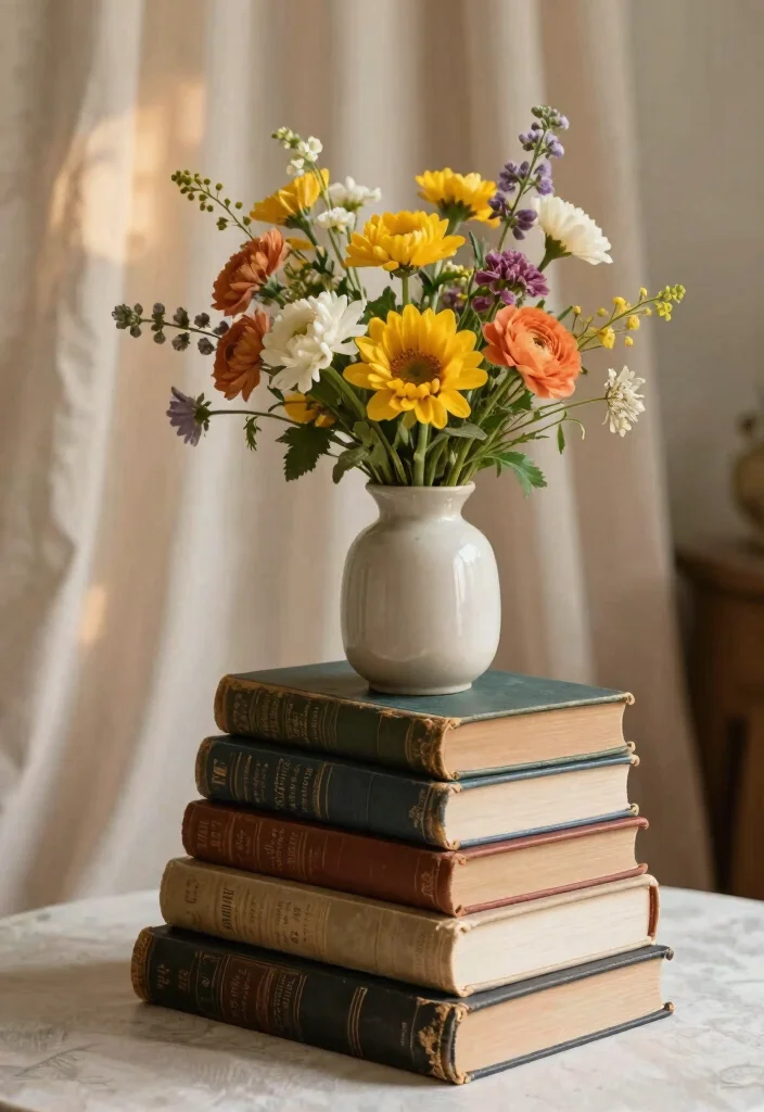 16 Head Table Decorations Wedding Ideas That Stand Out - 6. Vintage Books and Floral Arrangements 1