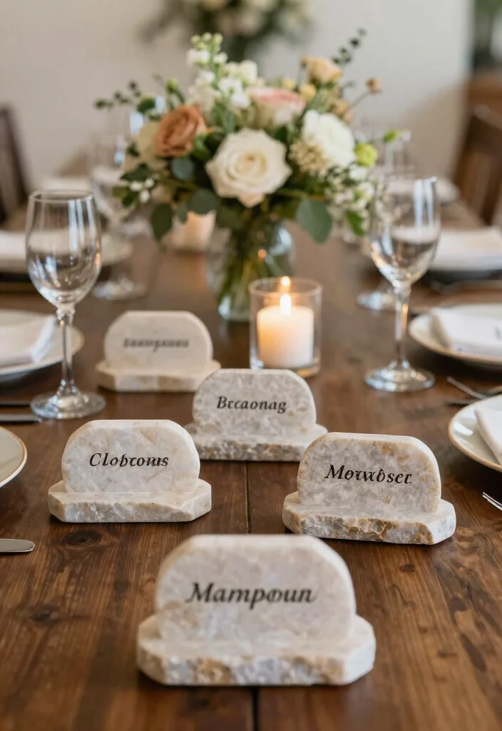 16 Home Wedding Decorations 2026 Trending Ideas That Feel Intimate & Beautiful - 9. Natural Stone Place Card Holders 1