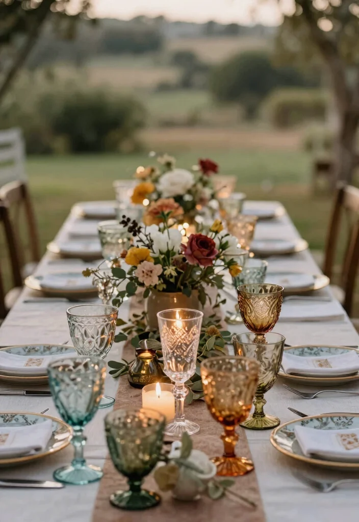 16 Long Table Wedding Decor Ideas That Feel Romantic - 5. Vintage Glassware 1
